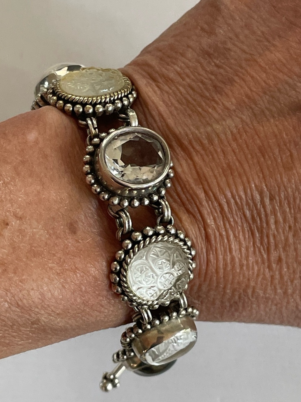 Stephen Dweck Sterling Silver carved crystal, mother of pearl intaglio bracelet